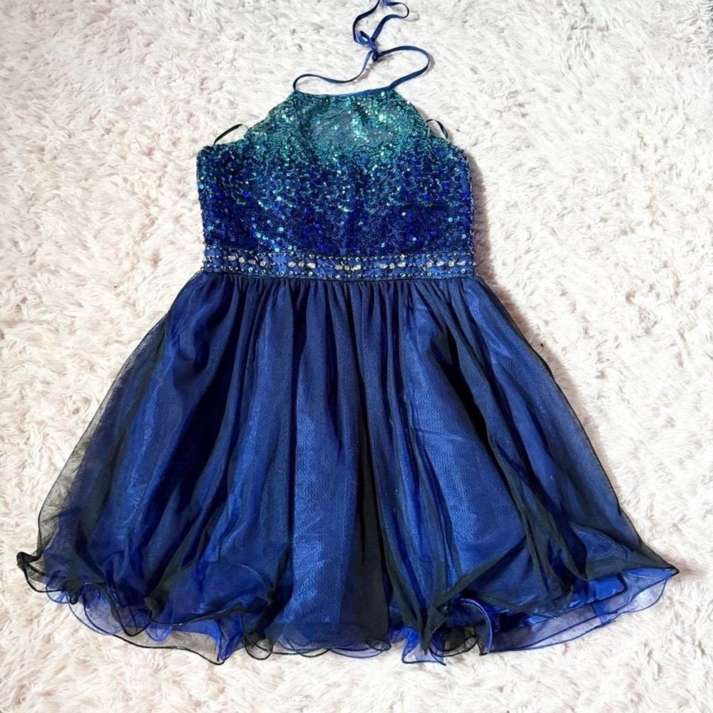 Royal Blue Ombré Sequin Glam Halter Ocean Hoco Dress Juniors 11 Mermaid Fairy
